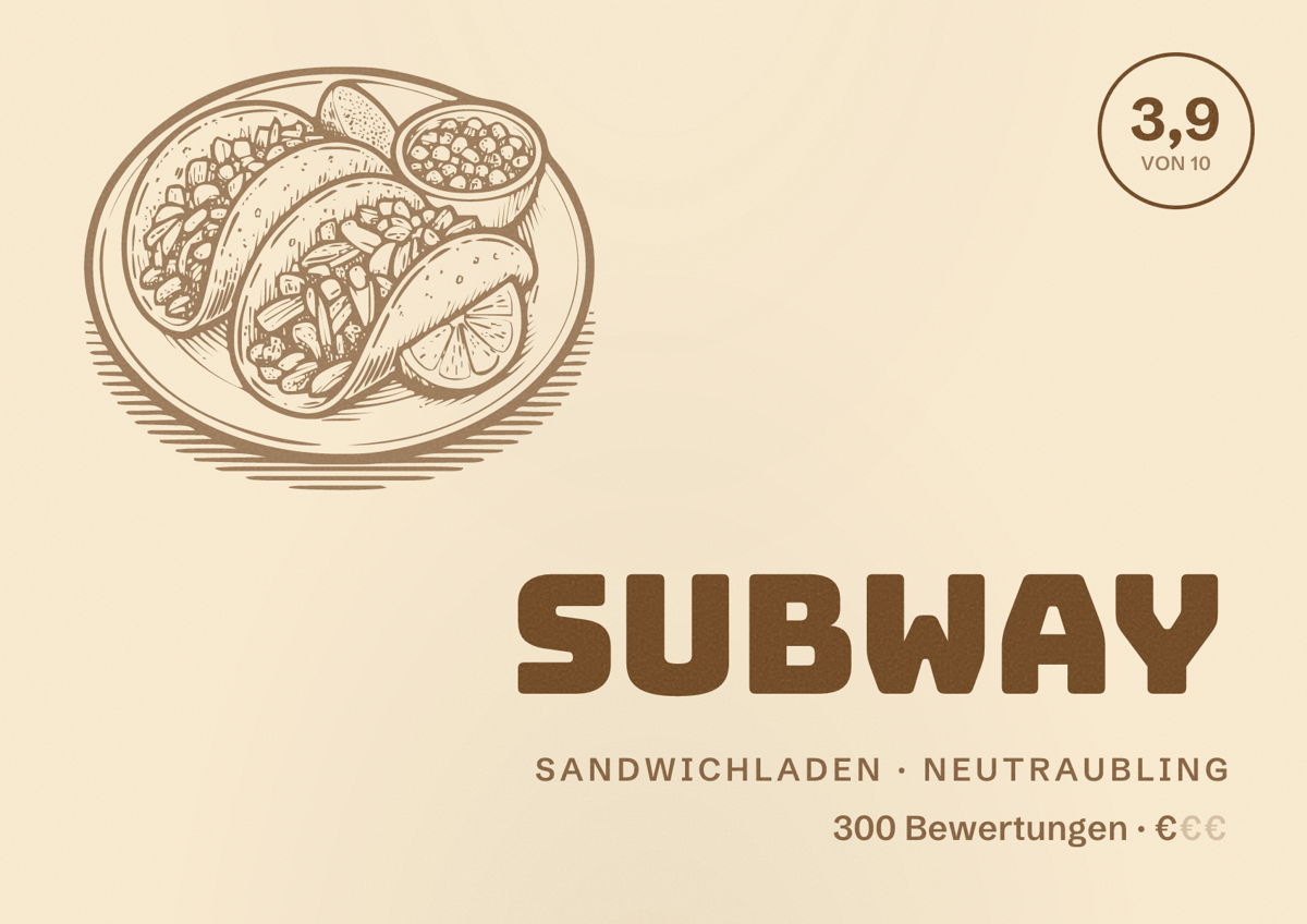 Illustriertes Poster von Subway, Sandwichladen in Neutraubling: Bewertung 3,9 von 10 aus 300 Bewertungen, Preisniveau €