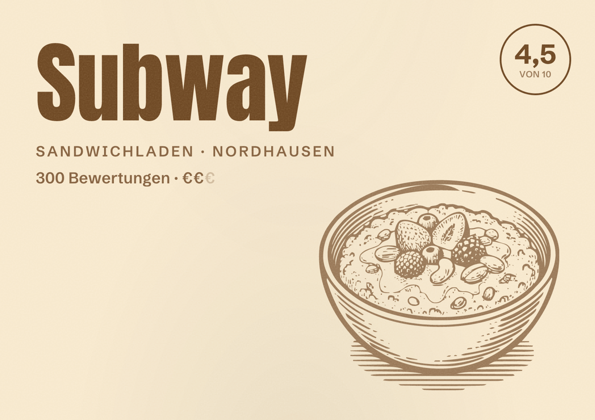 Illustriertes Poster von Subway, Sandwichladen in Nordhausen: Bewertung 4,5 von 10 aus 300 Bewertungen, Preisniveau €€