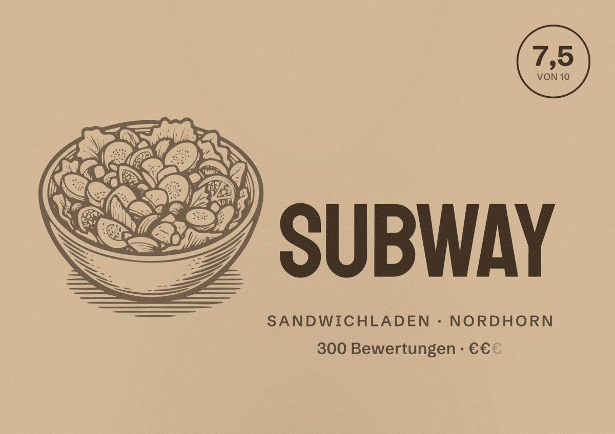 Illustriertes Poster von Subway, Sandwichladen in Nordhorn: Bewertung 7,5 von 10 aus 300 Bewertungen, Preisniveau €€
