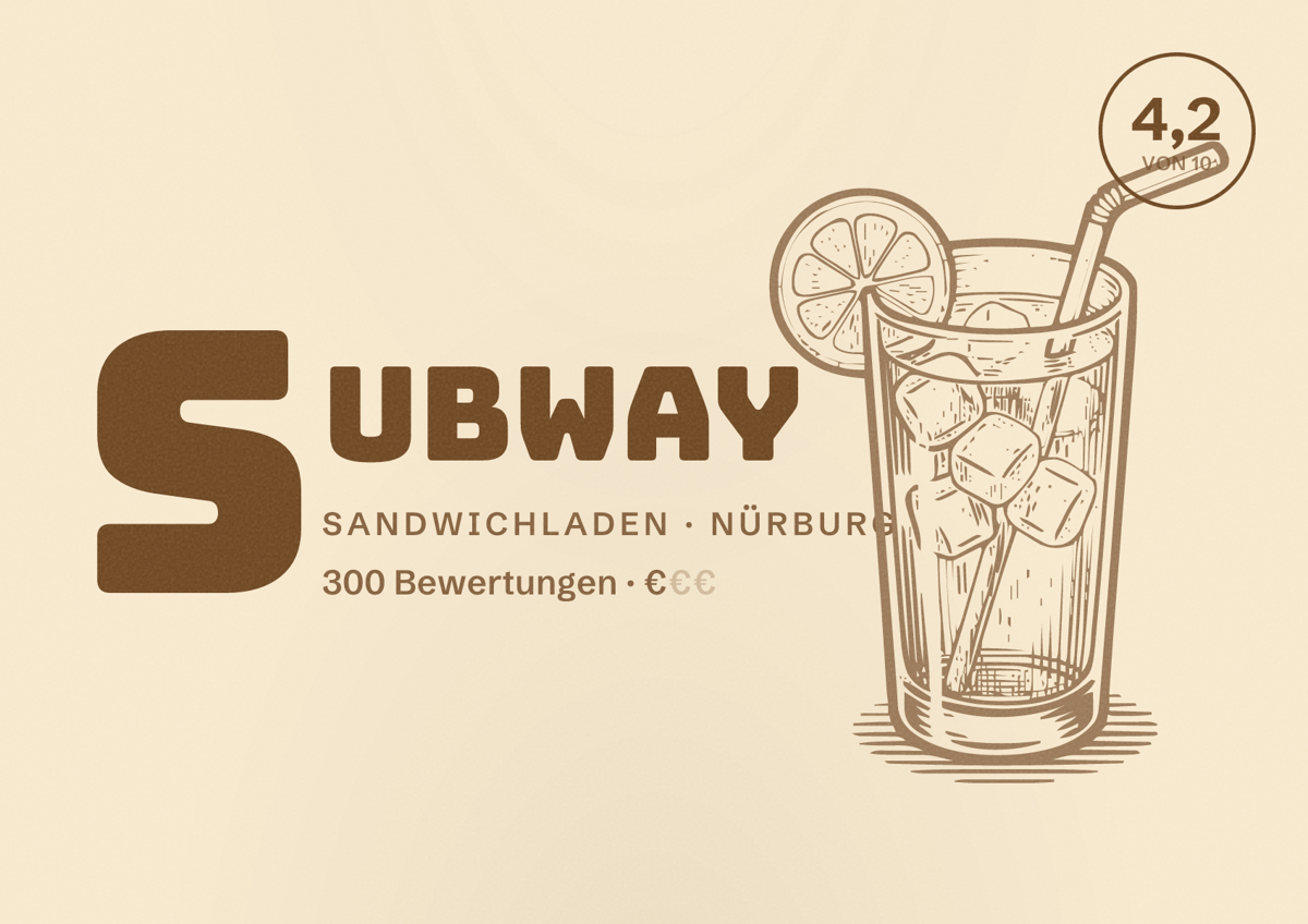 Illustriertes Poster von Subway, Sandwichladen in Nürburg: Bewertung 4,2 von 10 aus 300 Bewertungen, Preisniveau €