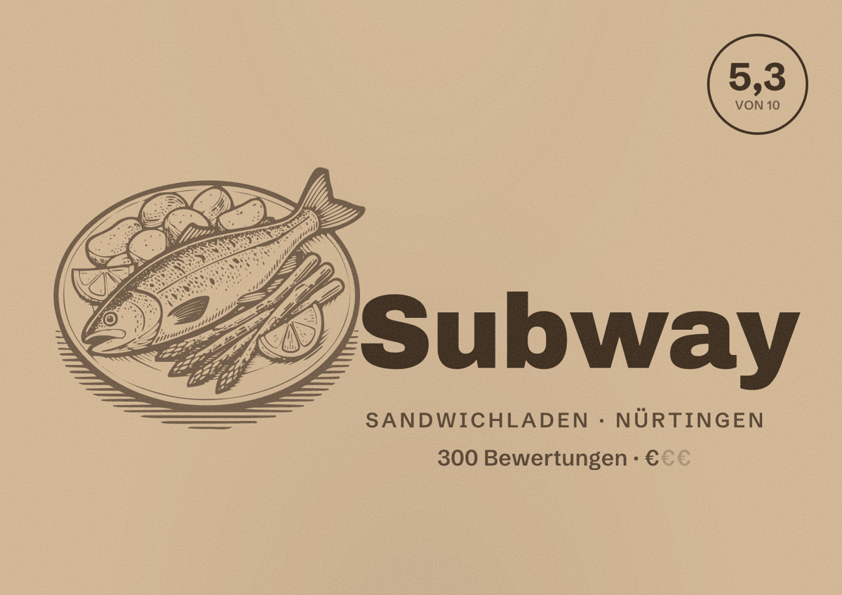 Illustriertes Poster von Subway, Sandwichladen in Nürtingen: Bewertung 5,3 von 10 aus 300 Bewertungen, Preisniveau €