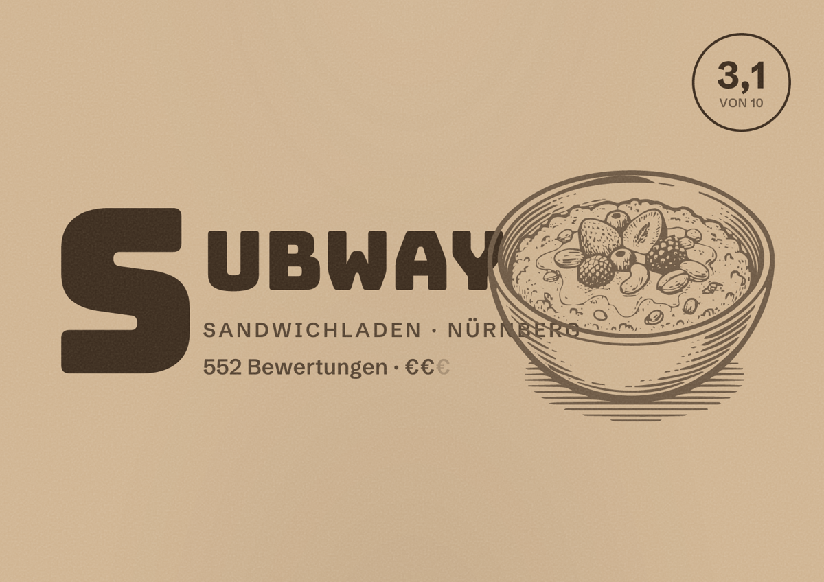 Illustriertes Poster von Subway, Sandwichladen in Nürnberg: Gästebewertung 3,1 von 10 aus 552 Bewertungen