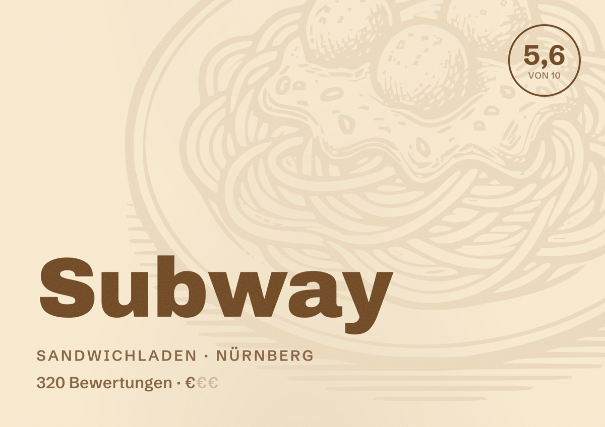 Illustriertes Poster von Subway, Sandwichladen in Nürnberg: Gästebewertung 5,6 von 10 aus 320 Bewertungen