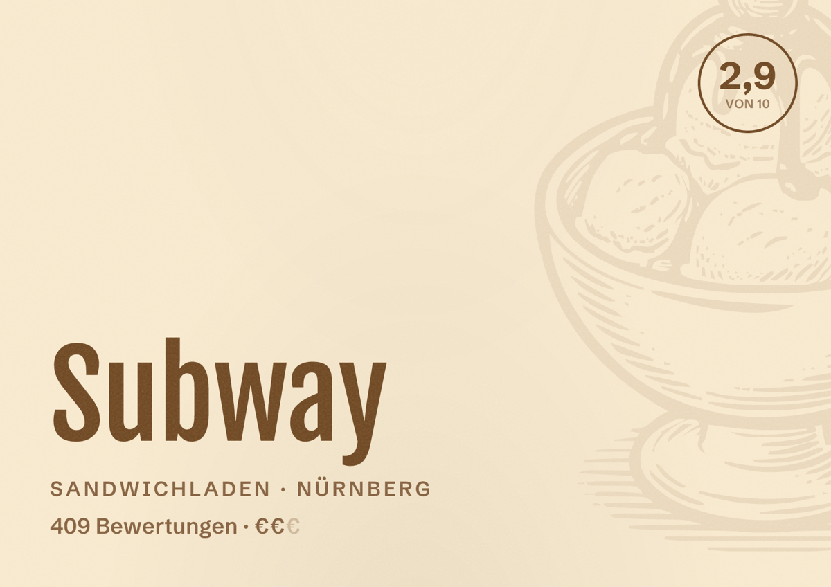 Illustriertes Poster von Subway, Sandwichladen in Nürnberg: Bewertung 2,9 von 10 aus 409 Bewertungen, Preisniveau €€