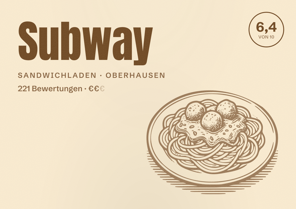 Illustriertes Poster von Subway, Sandwichladen in Oberhausen: Bewertung 6,4 von 10 aus 221 Bewertungen, Preisniveau €€