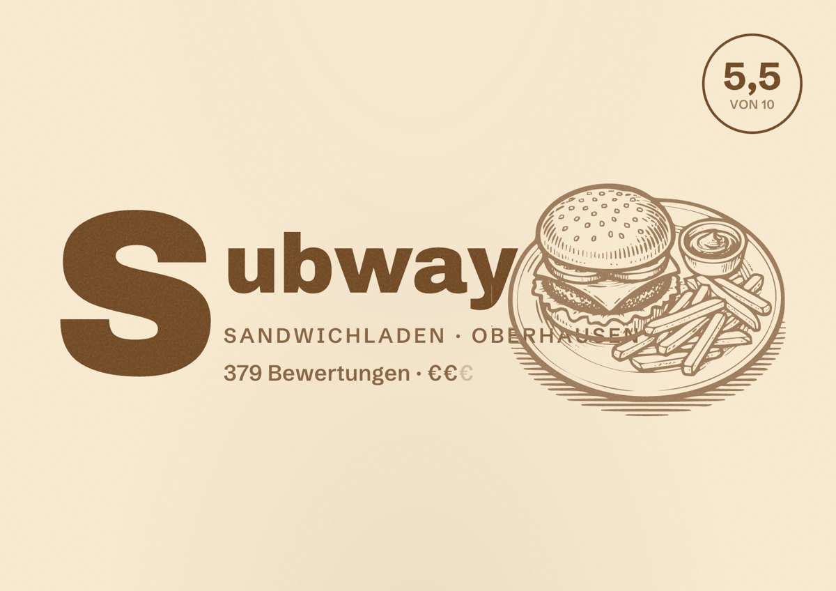 Illustriertes Poster von Subway, Sandwichladen in Oberhausen: Bewertung 5,5 von 10 aus 379 Bewertungen, Preisniveau €€