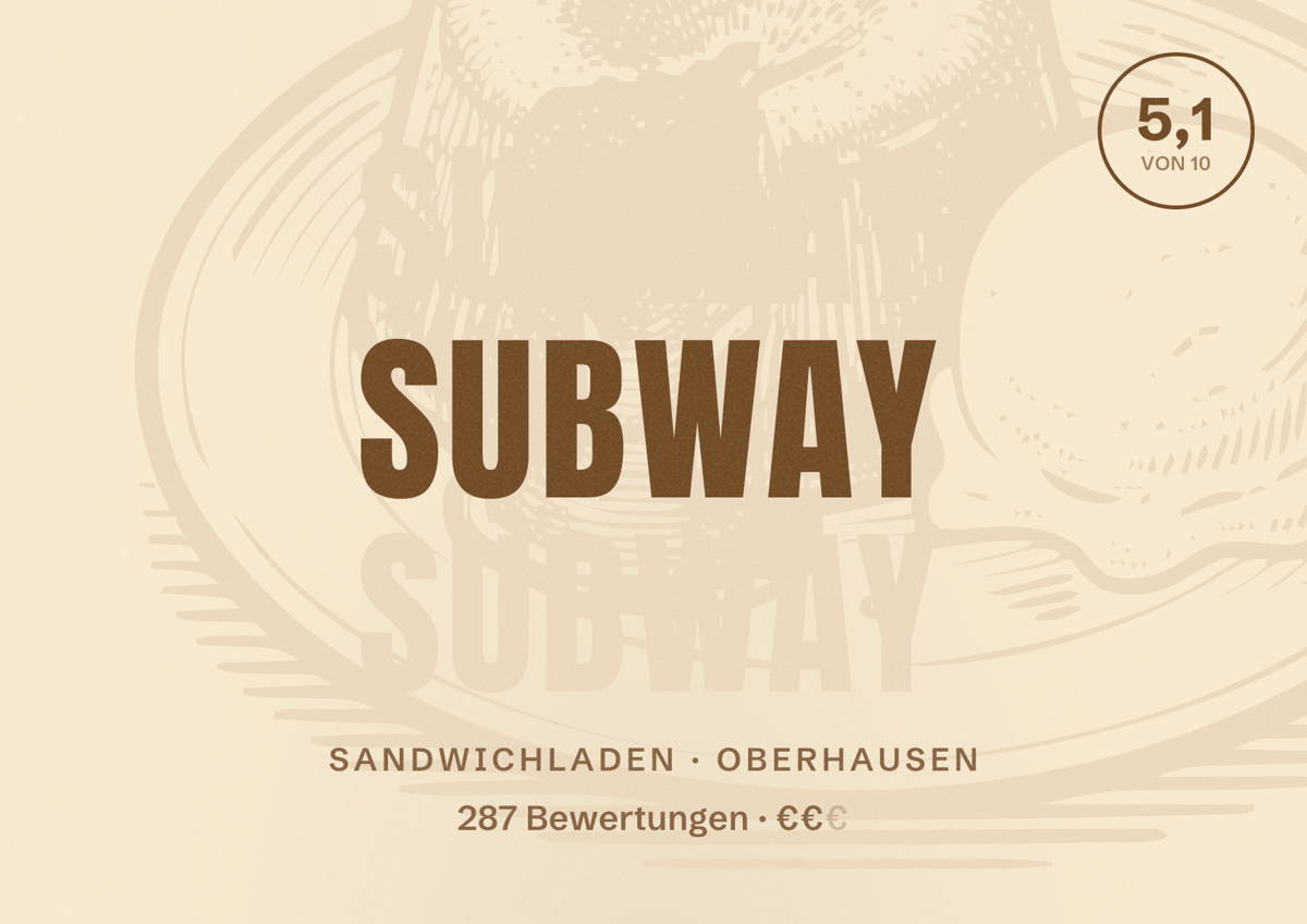 Illustriertes Poster von Subway, Sandwichladen in Oberhausen: Bewertung 5,1 von 10 aus 287 Bewertungen, Preisniveau €€
