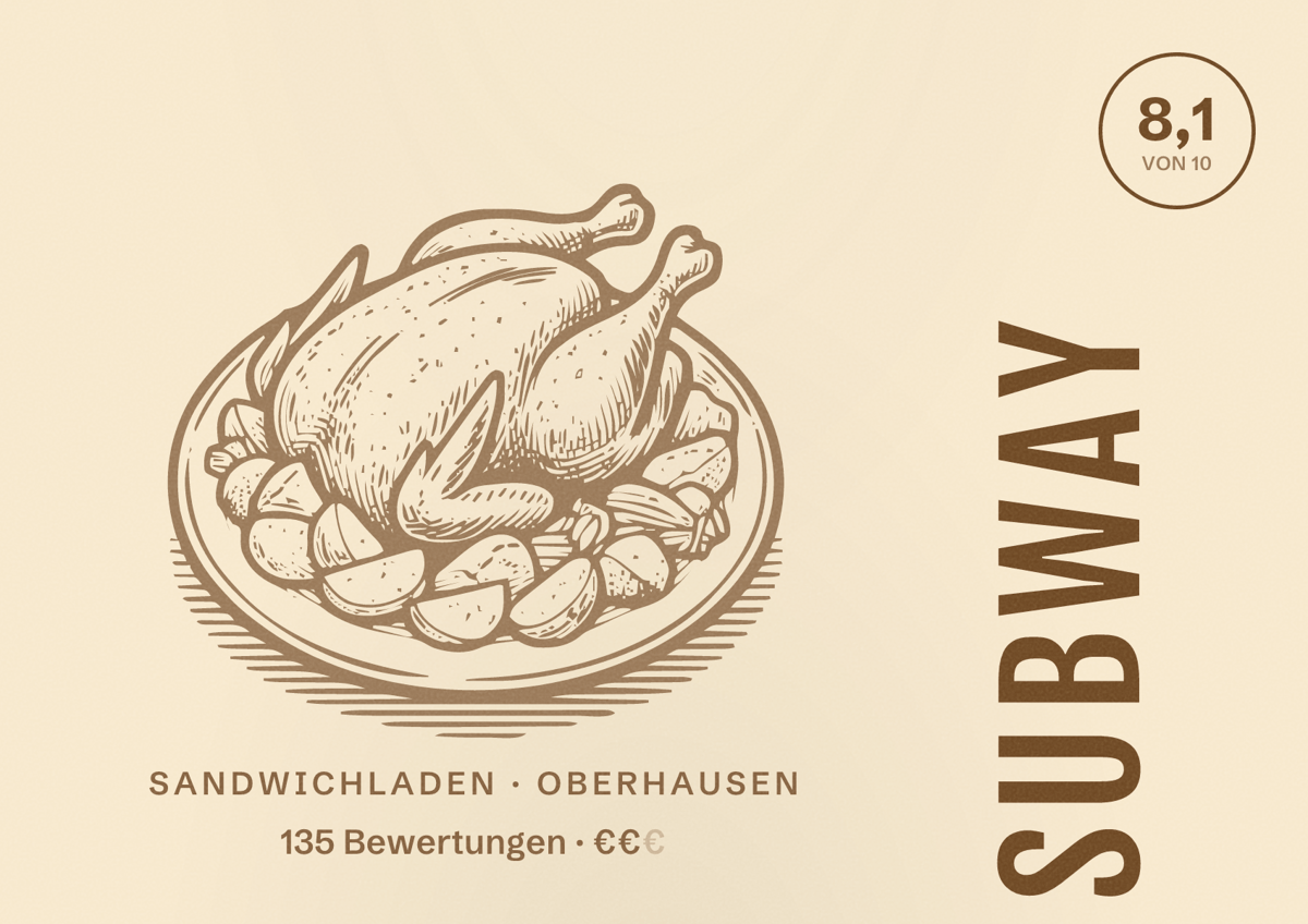 Illustriertes Poster von Subway, Sandwichladen in Oberhausen: Bewertung 8,1 von 10 aus 135 Bewertungen, Preisniveau €€