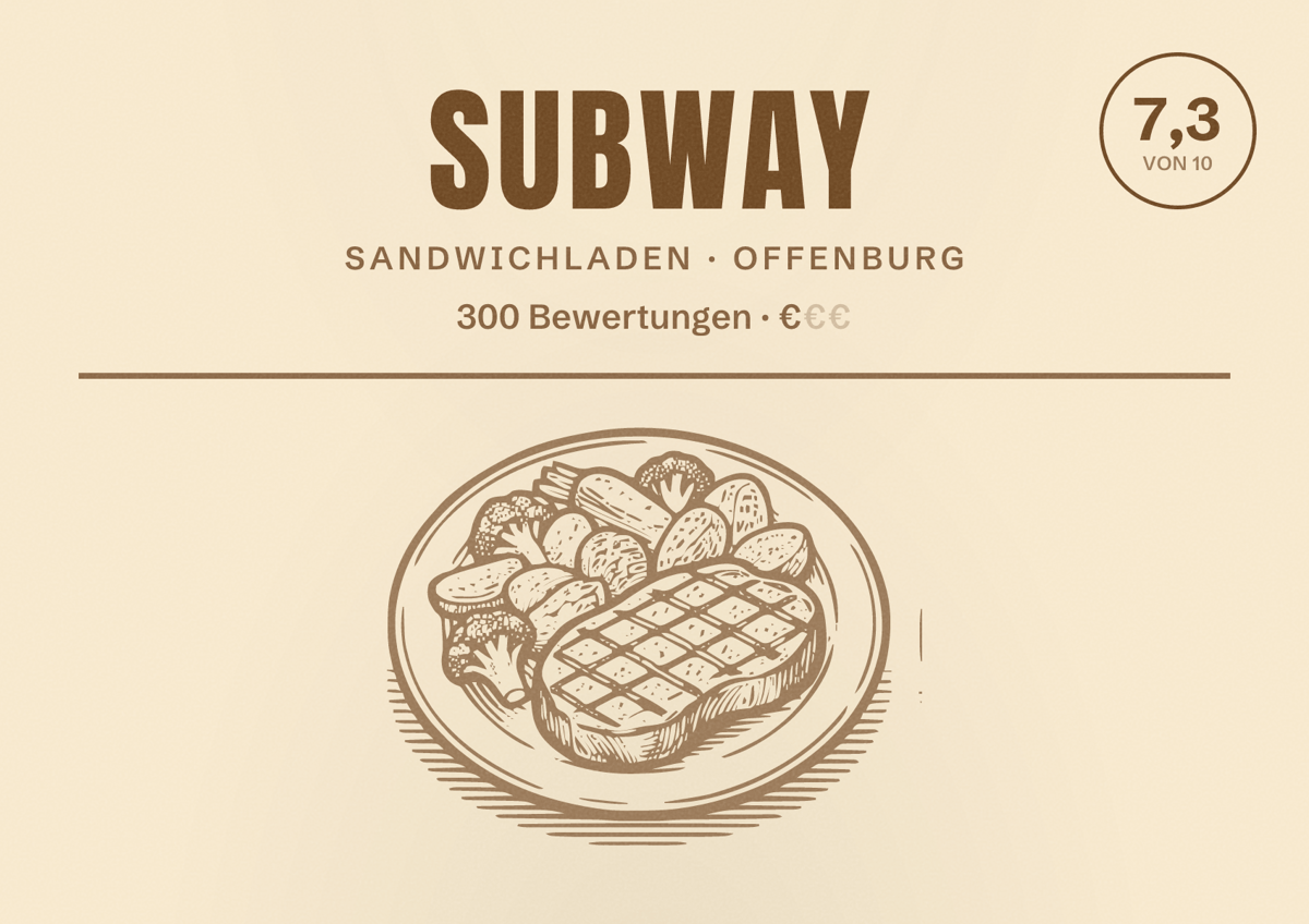 Illustriertes Poster von Subway, Sandwichladen in Offenburg: Bewertung 7,3 von 10 aus 300 Bewertungen, Preisniveau €