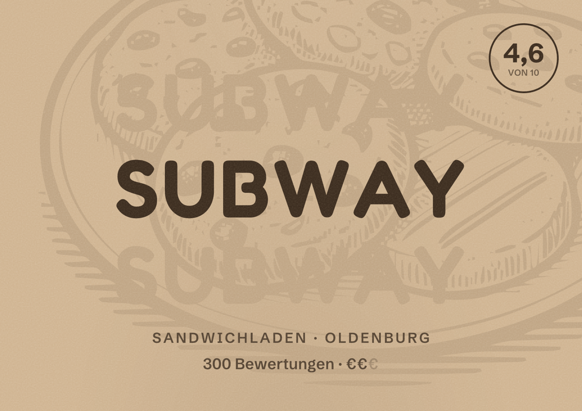 Illustriertes Poster von Subway, Sandwichladen in Oldenburg: Bewertung 4,6 von 10 aus 300 Bewertungen, Preisniveau €€