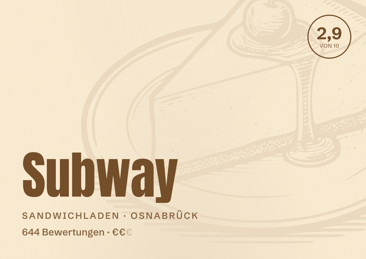 Illustriertes Poster von Subway, Sandwichladen in Osnabrück: Gästebewertung 2,9 von 10 aus 644 Bewertungen
