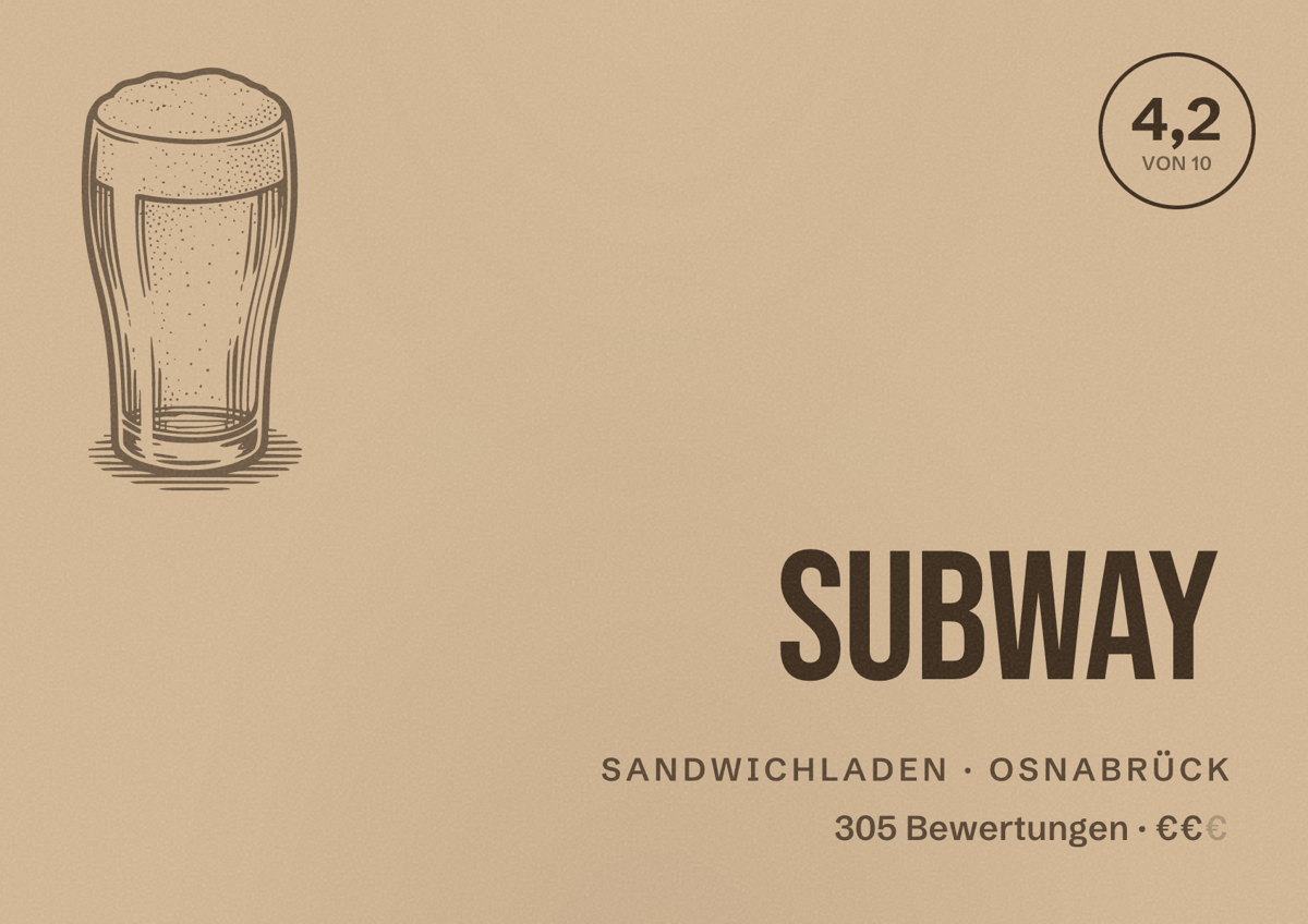 Illustriertes Poster von Subway, Sandwichladen in Osnabrück: Bewertung 4,2 von 10 aus 305 Bewertungen, Preisniveau €€