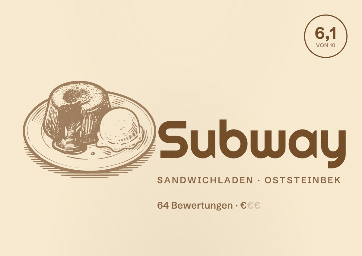 Illustriertes Poster von Subway, Sandwichladen in Oststeinbek: Bewertung 6,1 von 10 aus 64 Bewertungen, Preisniveau €