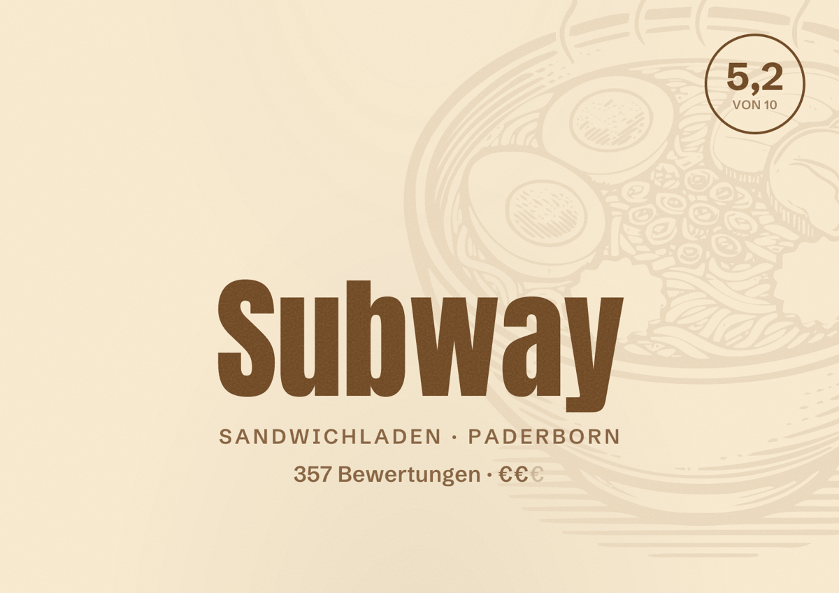Illustriertes Poster von Subway, Sandwichladen in Paderborn: Bewertung 5,2 von 10 aus 357 Bewertungen, Preisniveau €€