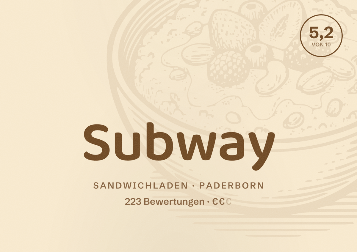 Illustriertes Poster von Subway, Sandwichladen in Paderborn: Gästebewertung 5,2 von 10 aus 223 Bewertungen