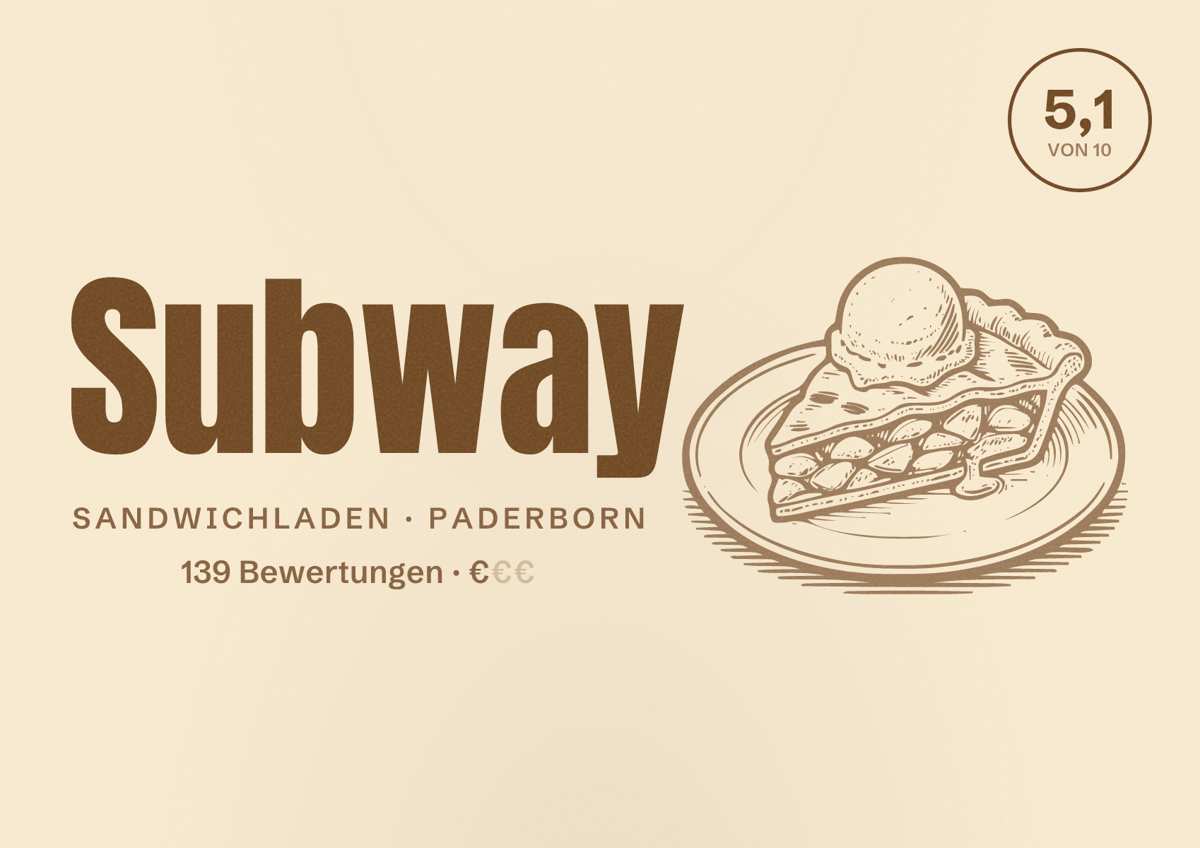 Illustriertes Poster von Subway, Sandwichladen in Paderborn: Bewertung 5,1 von 10 aus 139 Bewertungen, Preisniveau €