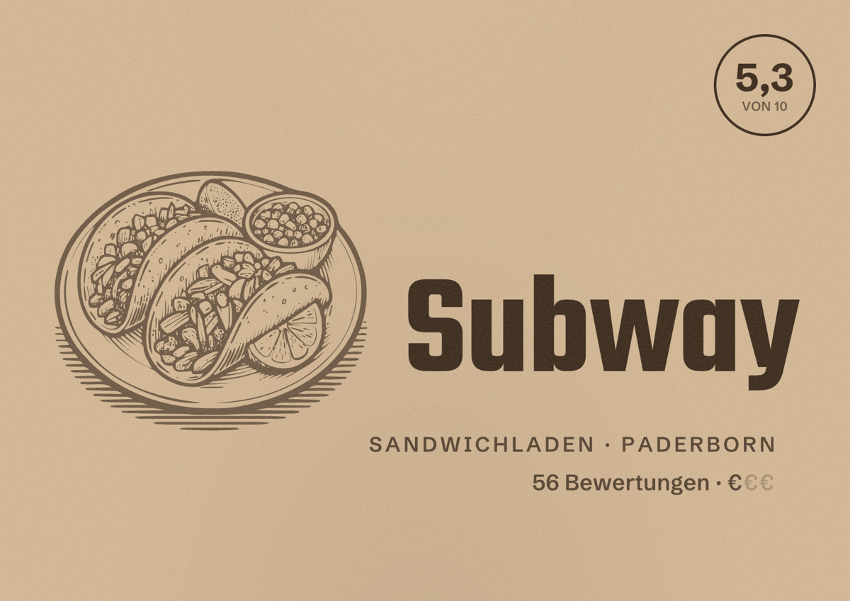 Illustriertes Poster von Subway, Sandwichladen in Paderborn: Bewertung 5,3 von 10 aus 56 Bewertungen, Preisniveau €