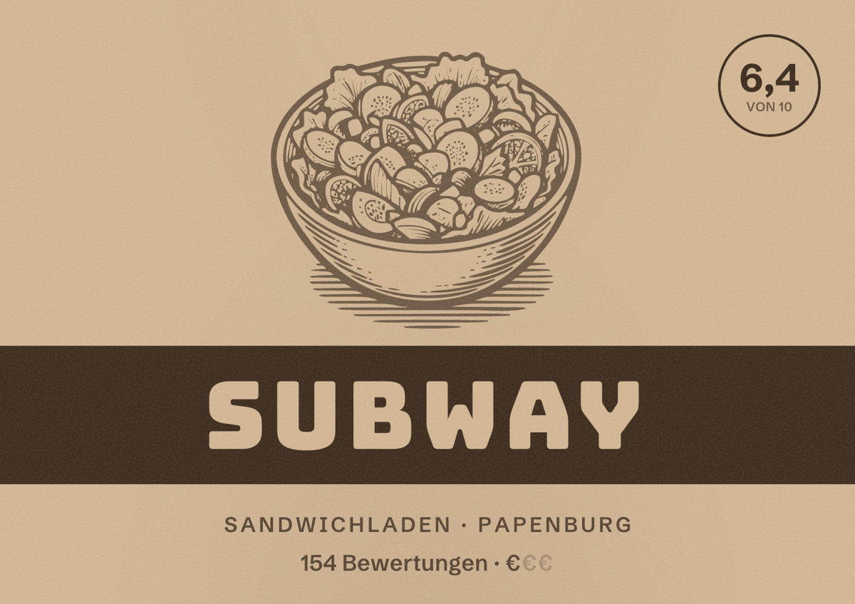 Illustriertes Poster von Subway, Sandwichladen in Papenburg: Bewertung 6,4 von 10 aus 154 Bewertungen, Preisniveau €