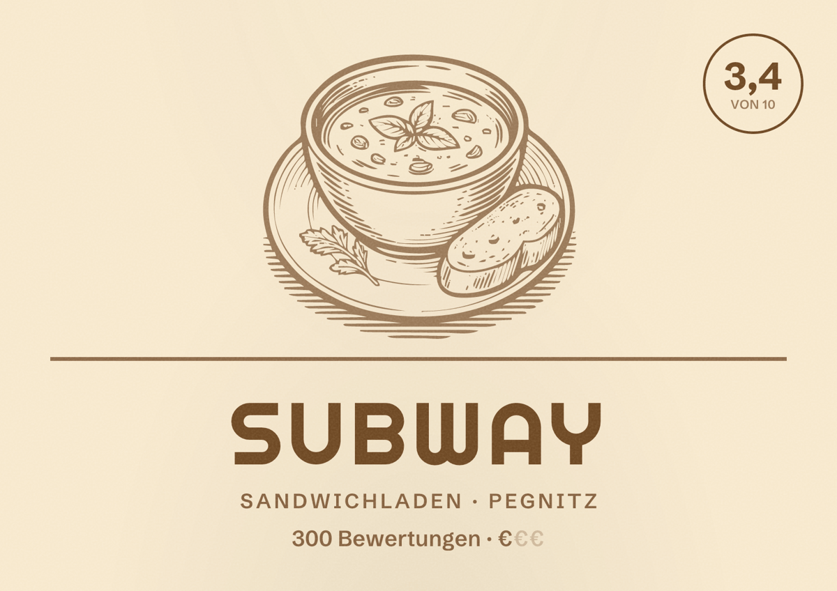 Illustriertes Poster von Subway, Sandwichladen in Pegnitz: Bewertung 3,4 von 10 aus 300 Bewertungen, Preisniveau €