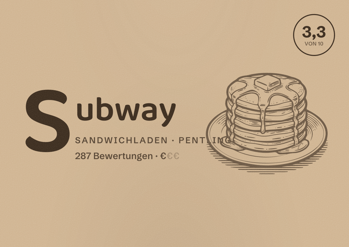 Illustriertes Poster von Subway, Sandwichladen in Pentling: Bewertung 3,3 von 10 aus 287 Bewertungen, Preisniveau €