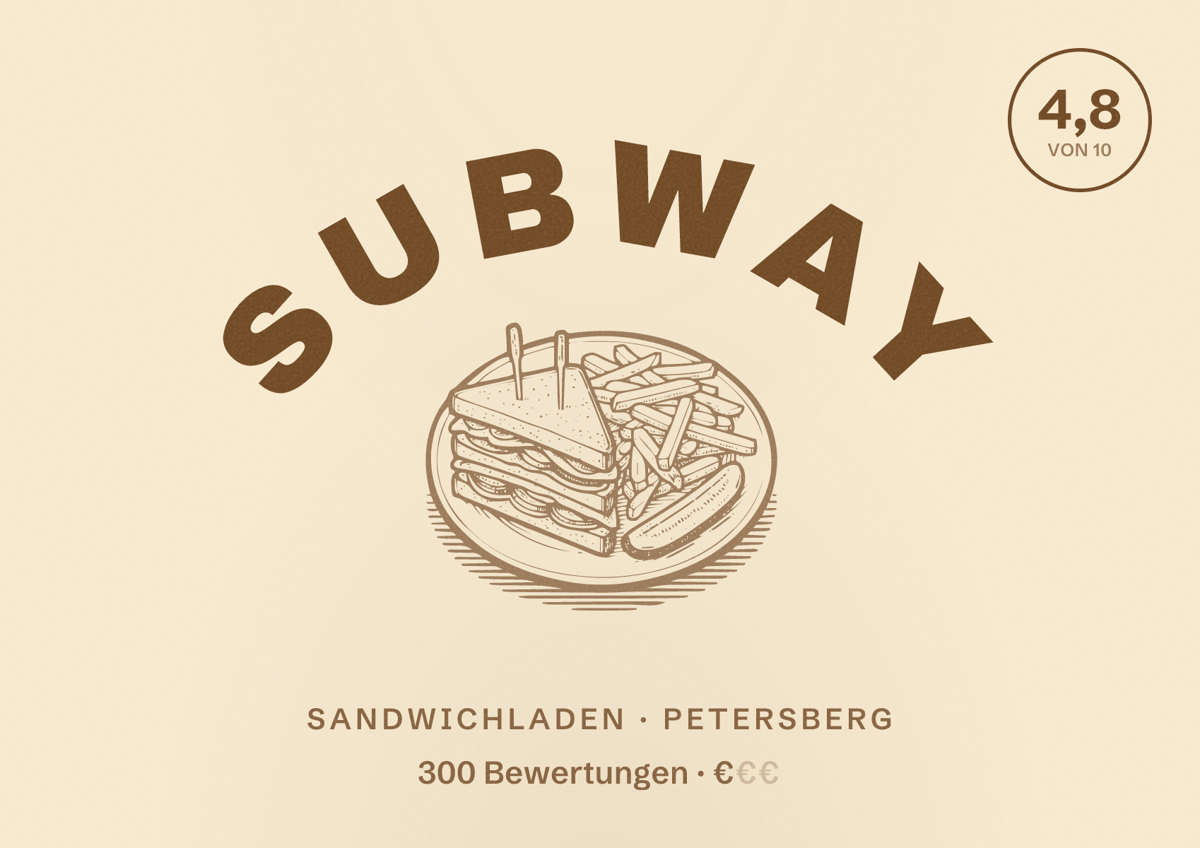 Illustriertes Poster von Subway, Sandwichladen in Petersberg: Bewertung 4,8 von 10 aus 300 Bewertungen, Preisniveau €