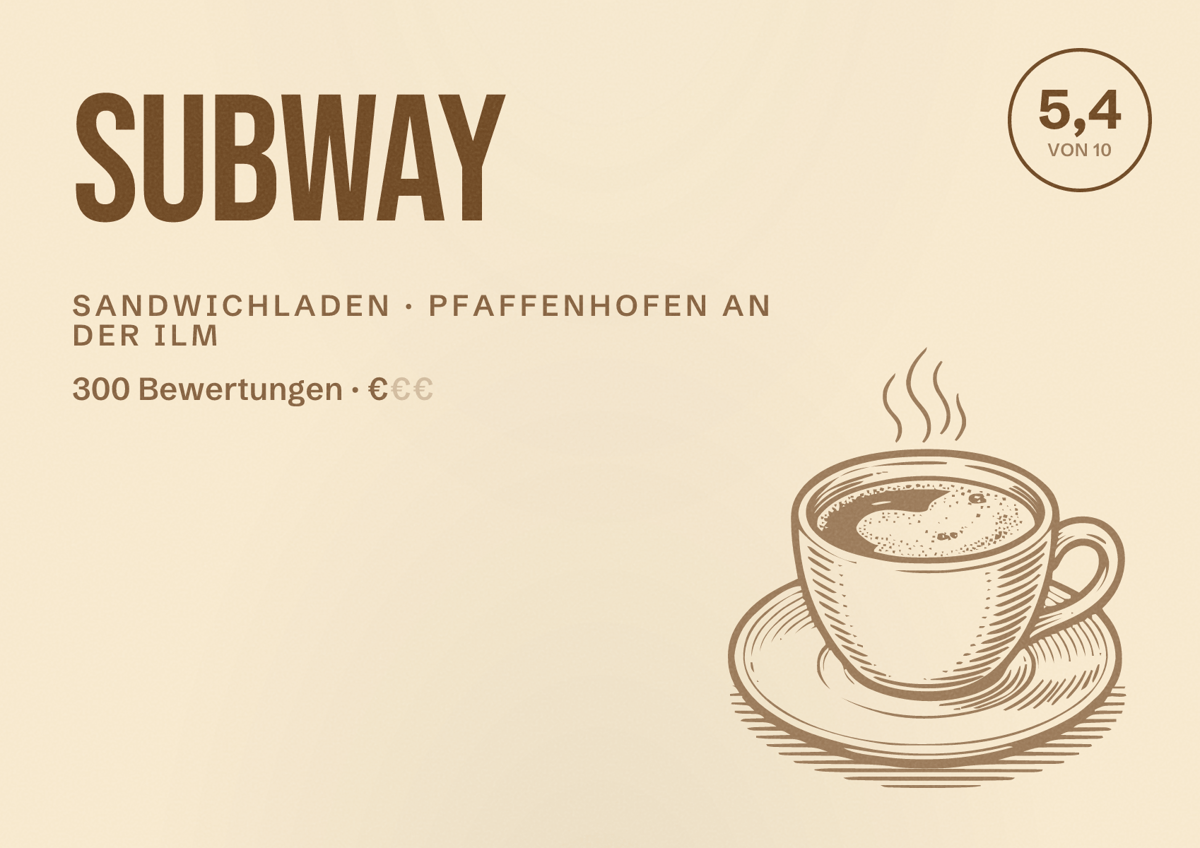 Illustriertes Poster von Subway, Sandwichladen in Pfaffenhofen an der Ilm: Bewertung 5,4 von 10 aus 300 Bewertungen, Preisniveau €