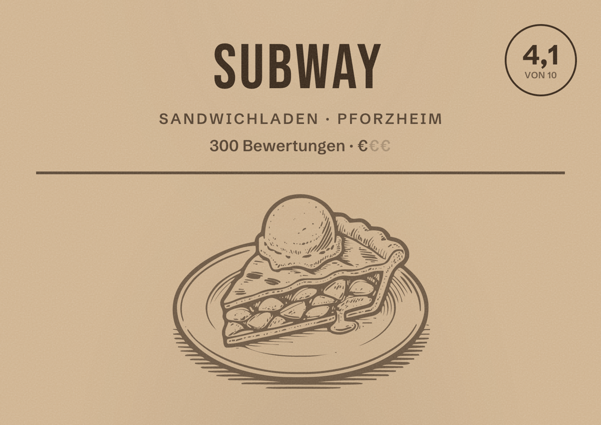 Illustriertes Poster von Subway, Sandwichladen in Pforzheim: Bewertung 4,1 von 10 aus 300 Bewertungen, Preisniveau €