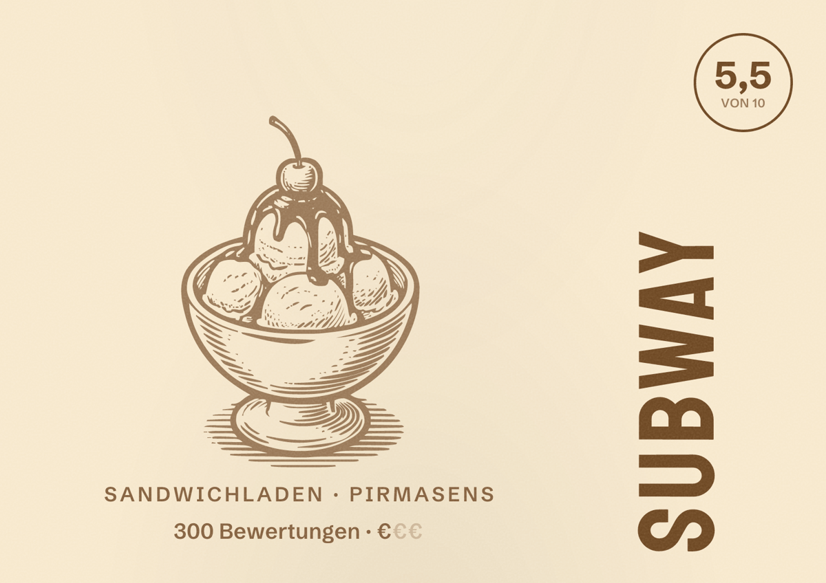 Illustriertes Poster von Subway, Sandwichladen in Pirmasens: Bewertung 5,5 von 10 aus 300 Bewertungen, Preisniveau €