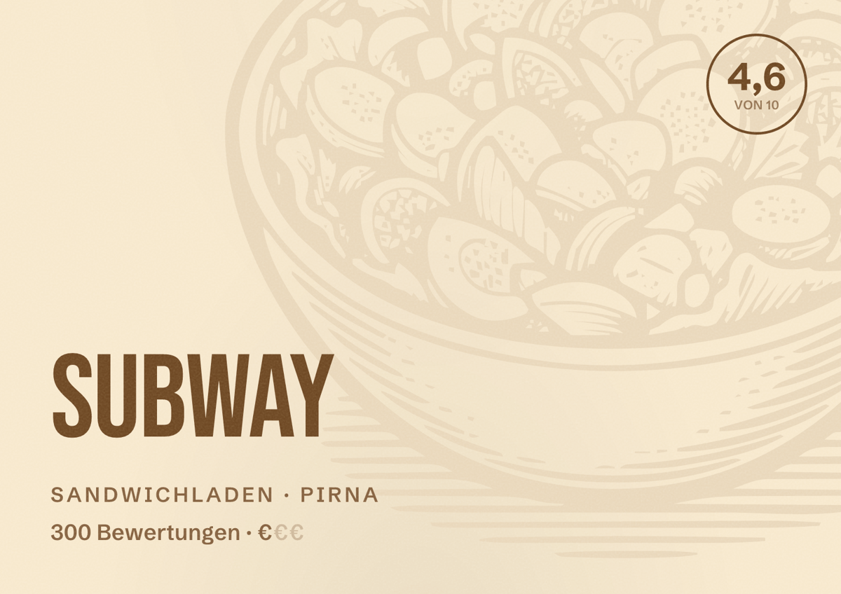 Illustriertes Poster von Subway, Sandwichladen in Pirna: Bewertung 4,6 von 10 aus 300 Bewertungen, Preisniveau €