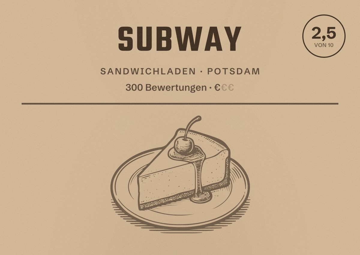 Illustriertes Poster von Subway, Sandwichladen in Potsdam: Bewertung 2,5 von 10 aus 300 Bewertungen, Preisniveau €