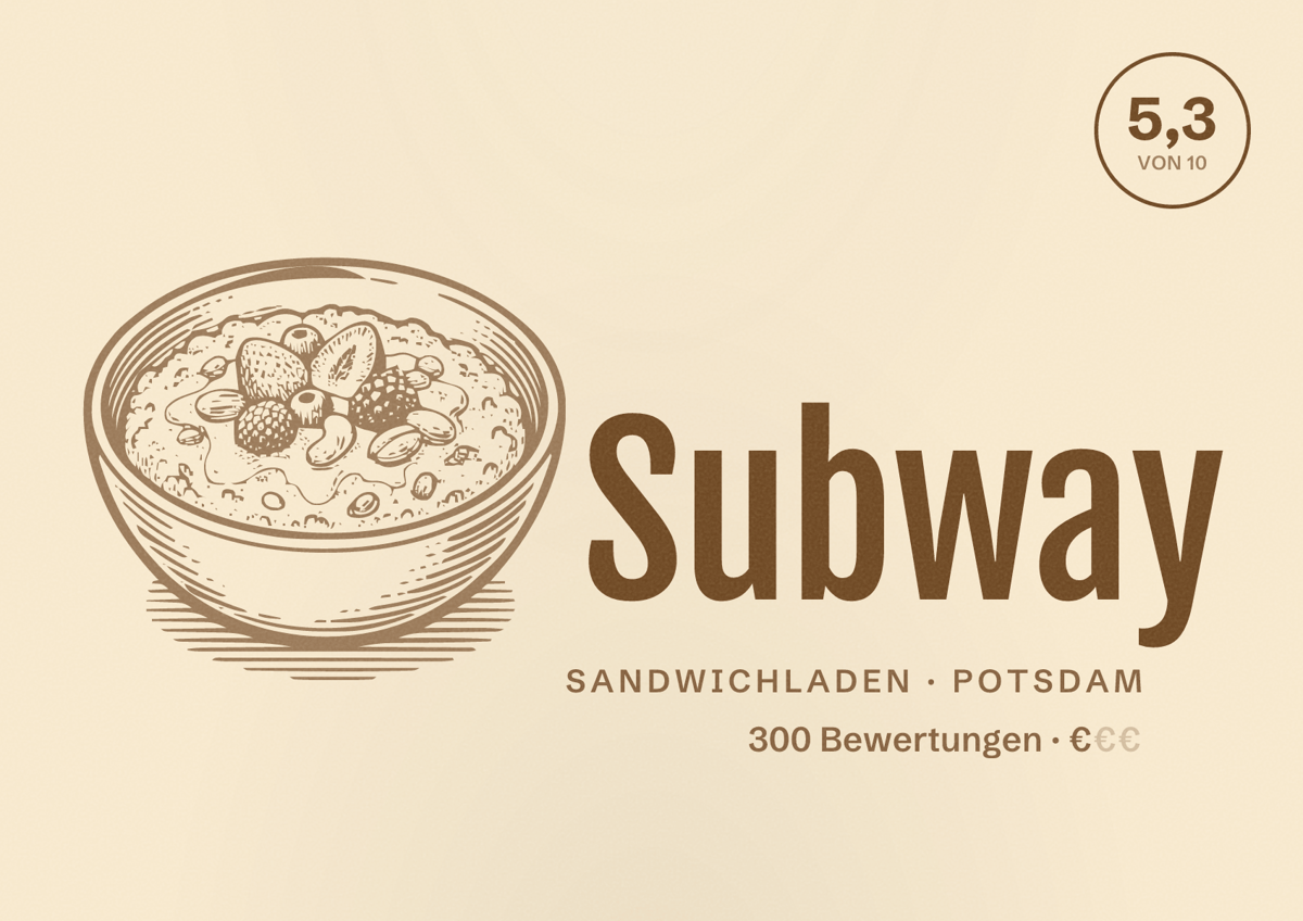 Illustriertes Poster von Subway, Sandwichladen in Potsdam: Bewertung 5,3 von 10 aus 300 Bewertungen, Preisniveau €
