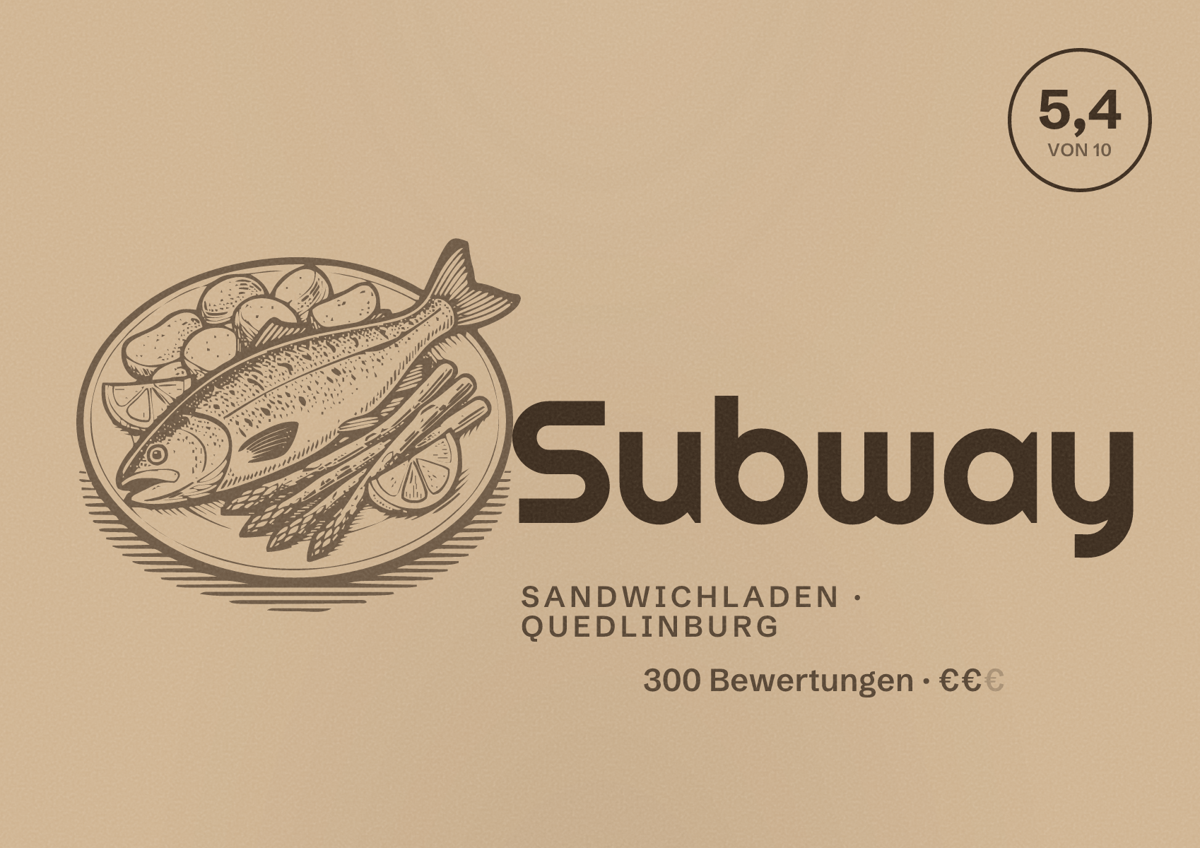 Illustriertes Poster von Subway, Sandwichladen in Quedlinburg: Bewertung 5,4 von 10 aus 300 Bewertungen, Preisniveau €€