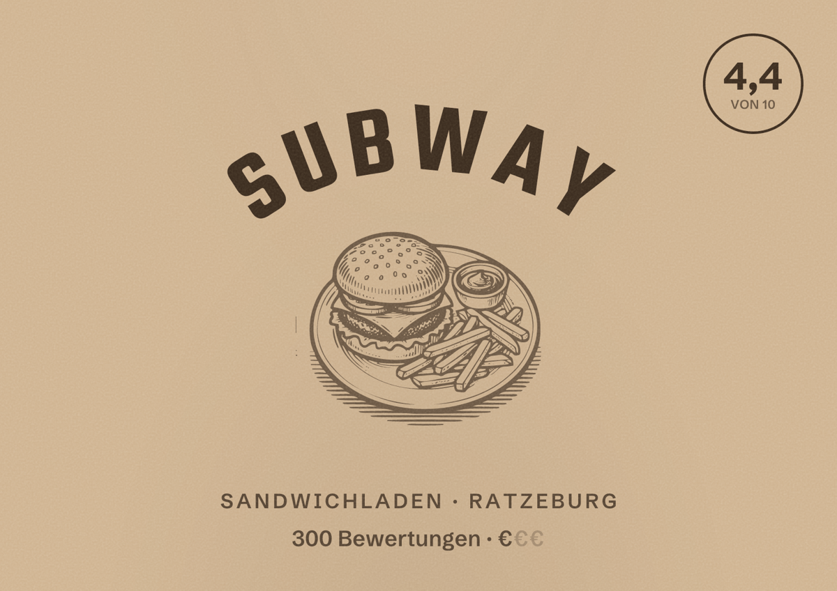 Illustriertes Poster von Subway, Sandwichladen in Ratzeburg: Bewertung 4,4 von 10 aus 300 Bewertungen, Preisniveau €