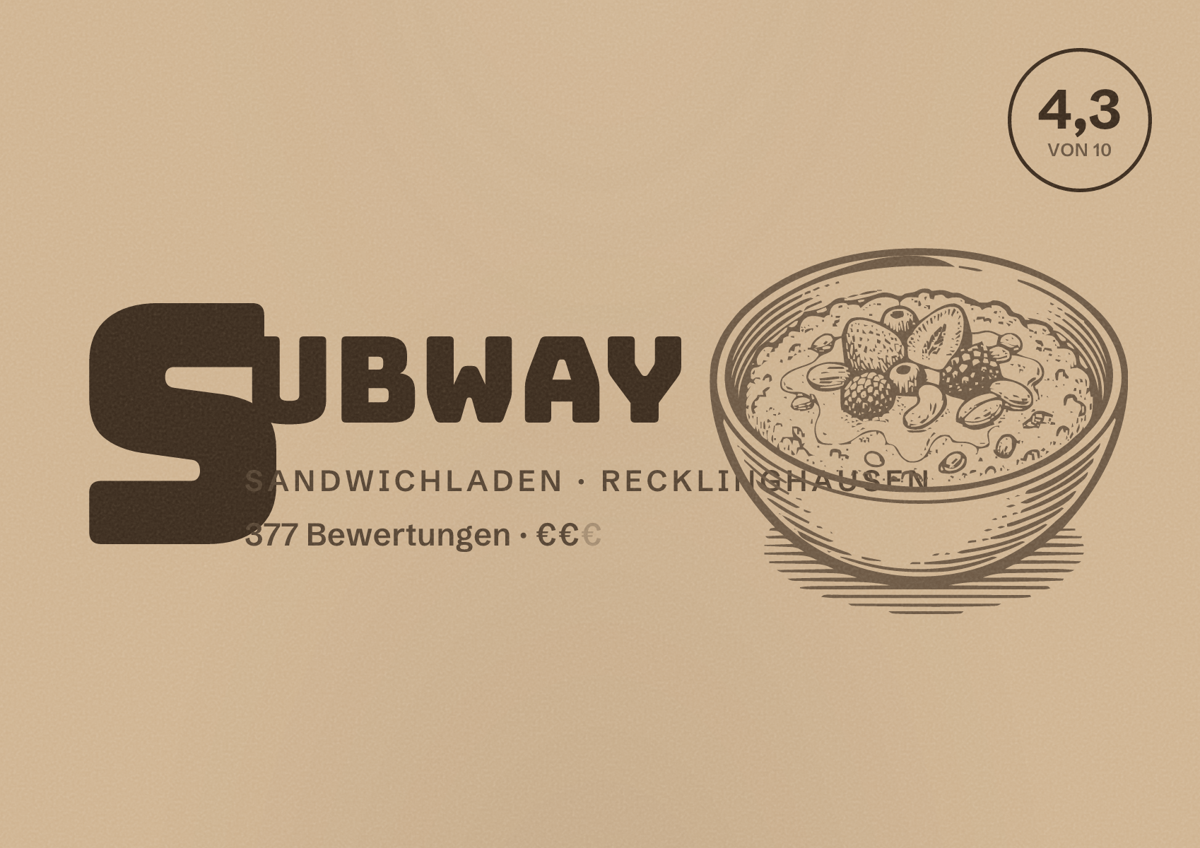 Illustriertes Poster von Subway, Sandwichladen in Recklinghausen: Bewertung 4,3 von 10 aus 377 Bewertungen, Preisniveau €€