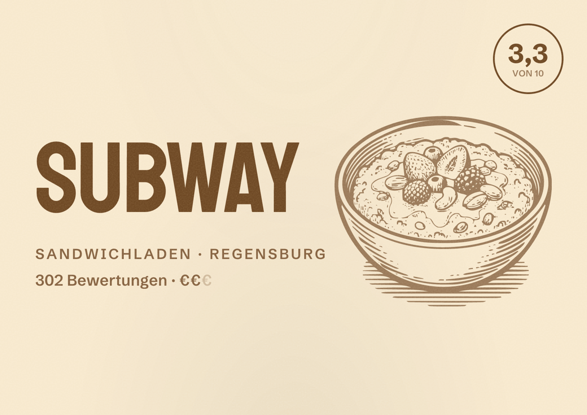 Illustriertes Poster von Subway, Sandwichladen in Regensburg: Bewertung 3,3 von 10 aus 302 Bewertungen, Preisniveau €€