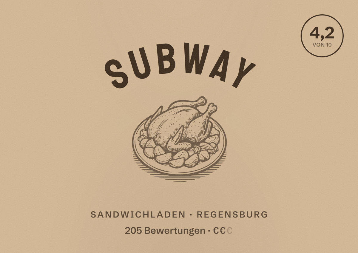 Illustriertes Poster von Subway, Sandwichladen in Regensburg: Bewertung 4,2 von 10 aus 205 Bewertungen, Preisniveau €€