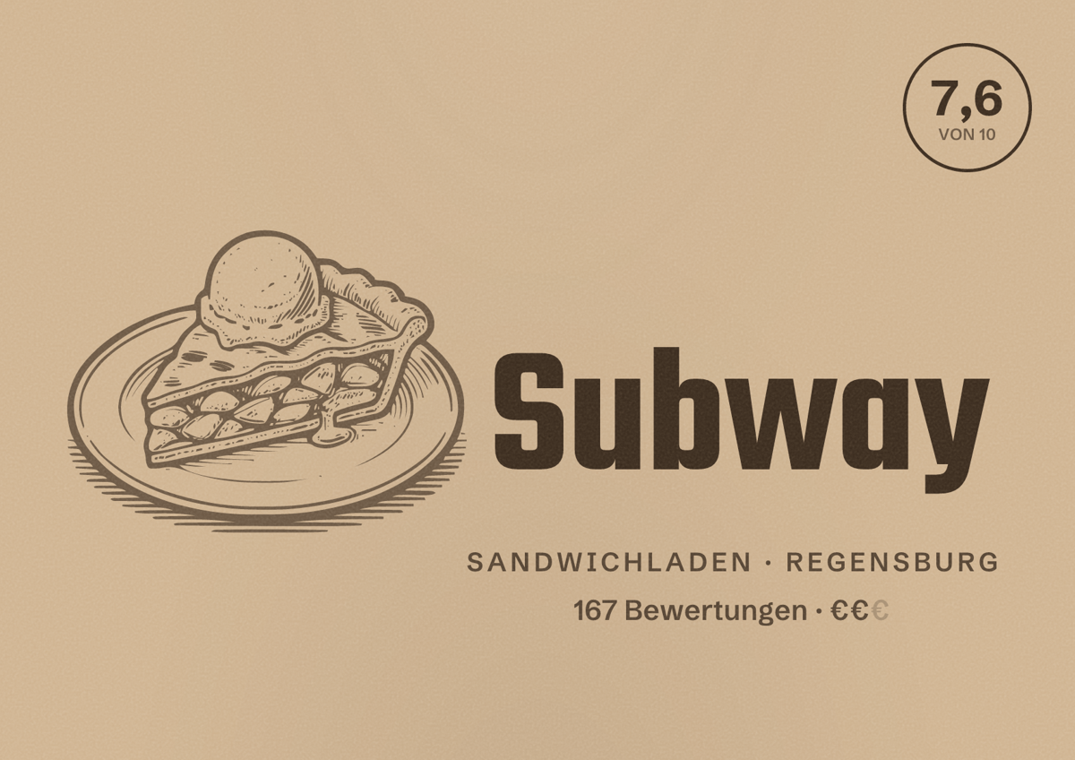 Illustriertes Poster von Subway, Sandwichladen in Regensburg: Bewertung 7,6 von 10 aus 167 Bewertungen, Preisniveau €€