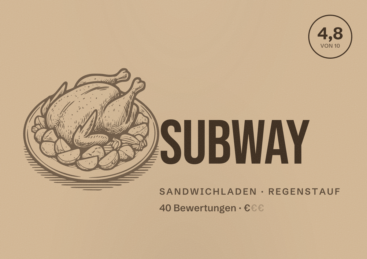 Illustriertes Poster von Subway, Sandwichladen in Regenstauf: Bewertung 4,8 von 10 aus 40 Bewertungen, Preisniveau €