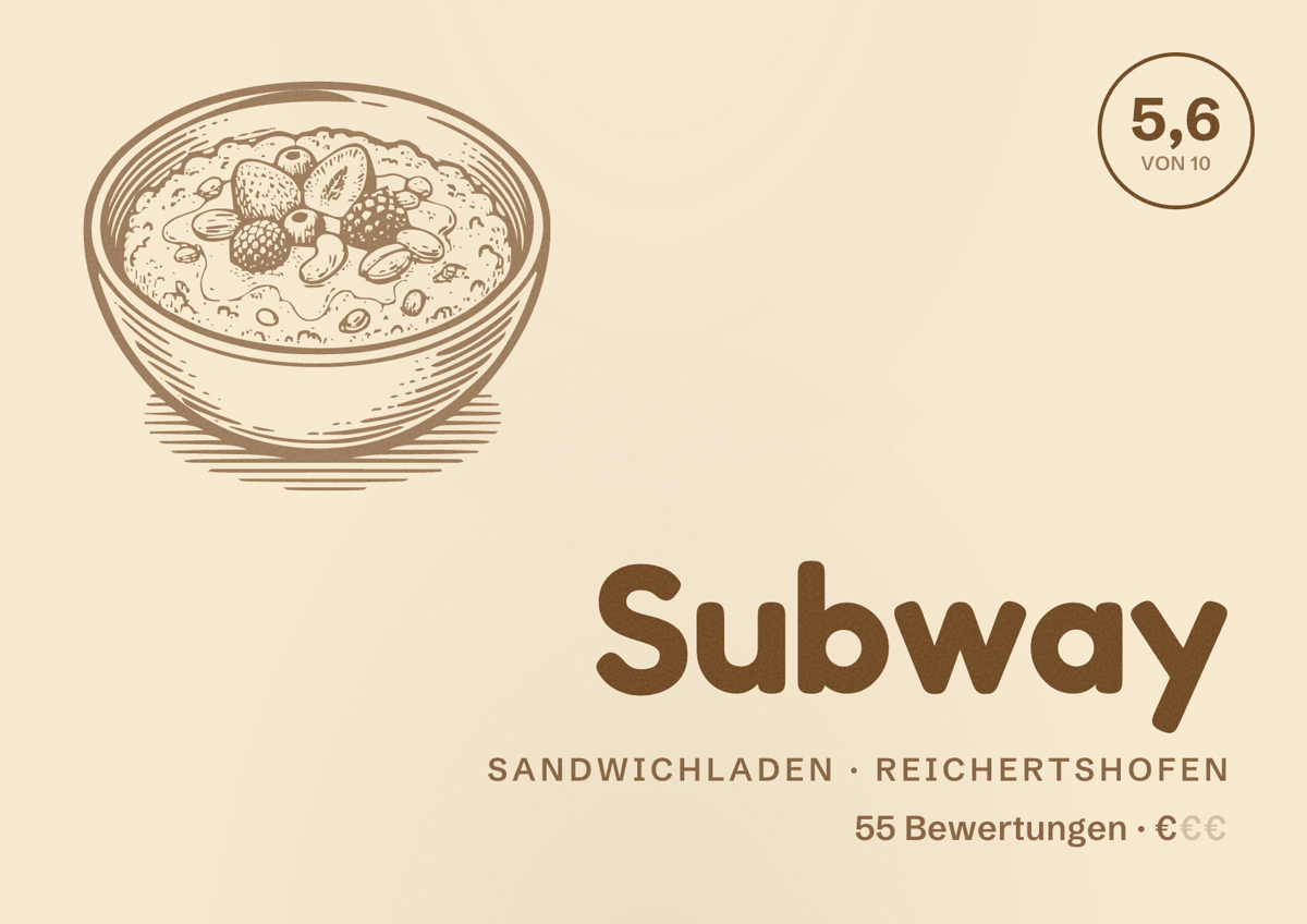 Illustriertes Poster von Subway, Sandwichladen in Reichertshofen: Bewertung 5,6 von 10 aus 55 Bewertungen, Preisniveau €