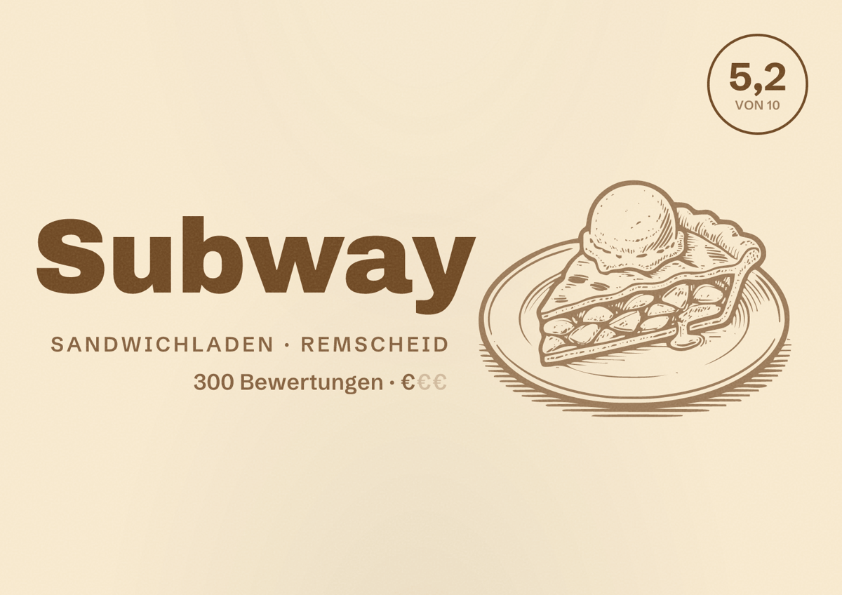 Illustriertes Poster von Subway, Sandwichladen in Remscheid: Bewertung 5,2 von 10 aus 300 Bewertungen, Preisniveau €