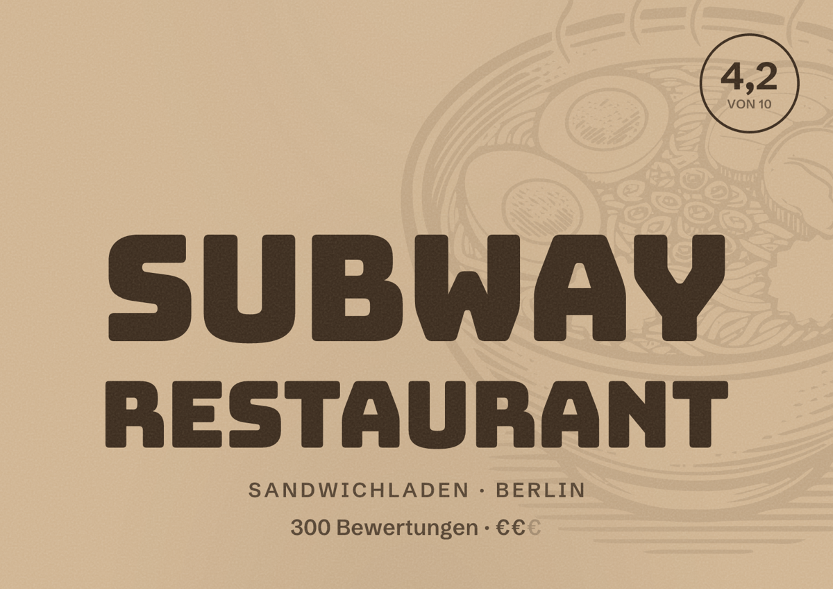 Illustriertes Poster von Subway Restaurant, Sandwichladen in Berlin: Bewertung 4,2 von 10 aus 300 Bewertungen, Preisniveau €€