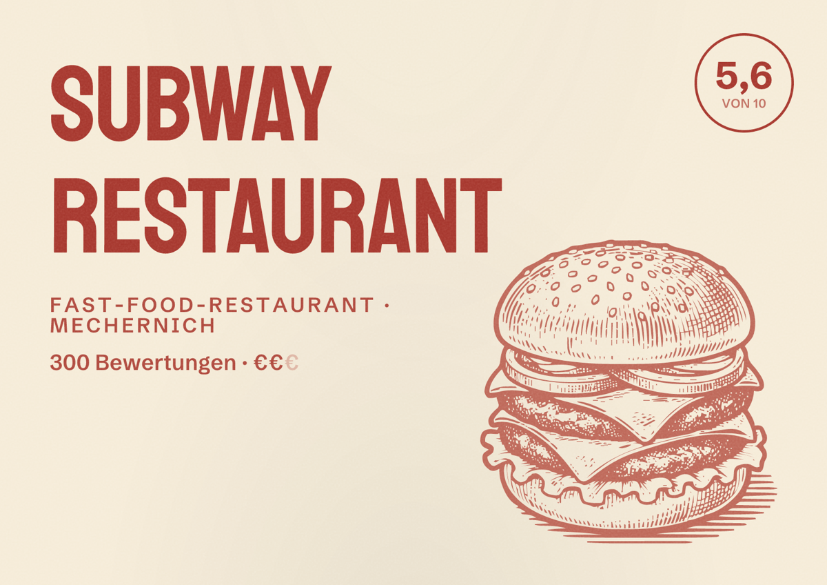 Illustriertes Poster von Subway Restaurant, Fast-Food-Restaurant in Mechernich: Bewertung 5,6 von 10 aus 300 Bewertungen, Preisniveau €€
