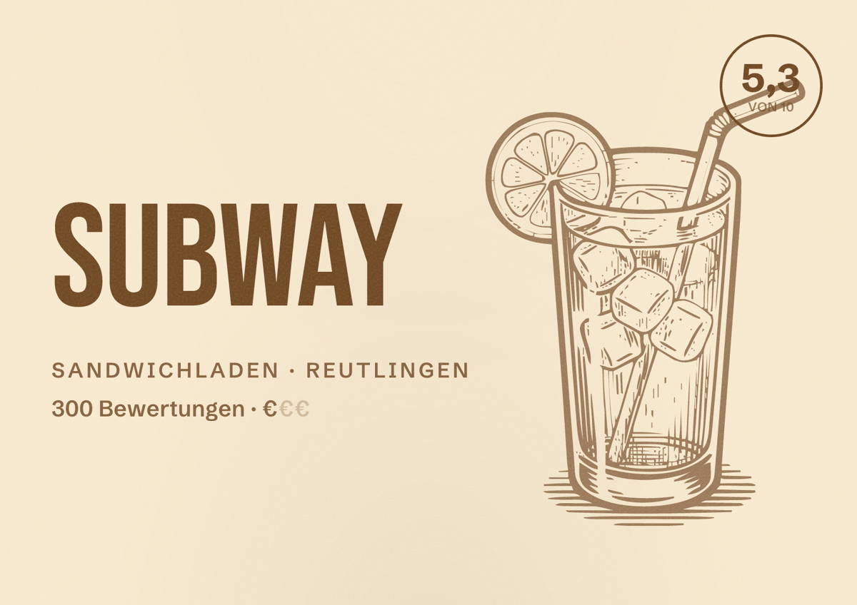 Illustriertes Poster von Subway, Sandwichladen in Reutlingen: Bewertung 5,3 von 10 aus 300 Bewertungen, Preisniveau €