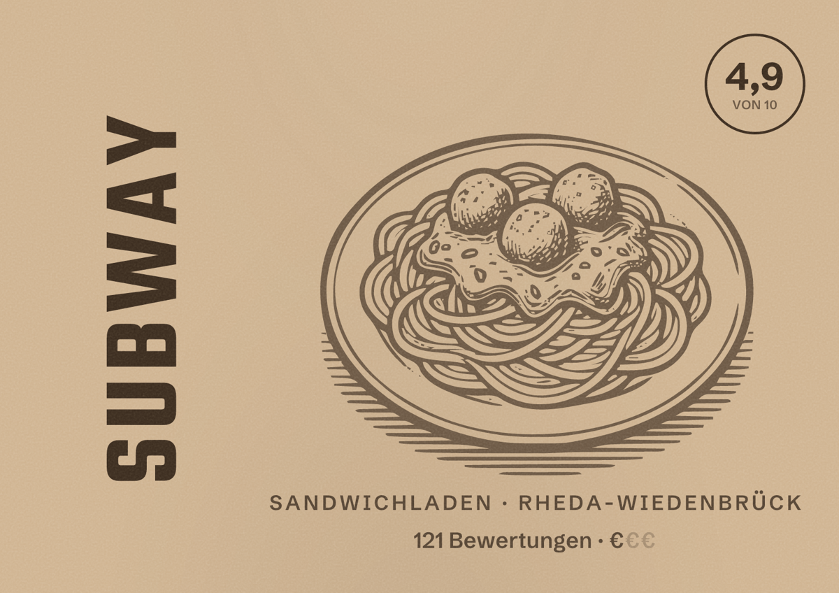 Illustriertes Poster von Subway, Sandwichladen in Rheda-Wiedenbrück: Bewertung 4,9 von 10 aus 121 Bewertungen, Preisniveau €