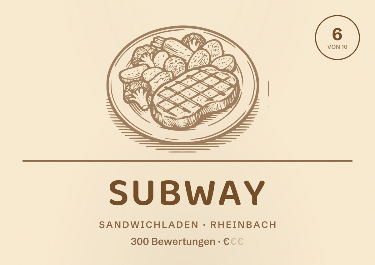 Illustriertes Poster von Subway, Sandwichladen in Rheinbach: Bewertung 6 von 10 aus 300 Bewertungen, Preisniveau €