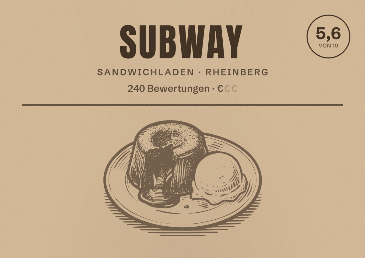 Illustriertes Poster von Subway, Sandwichladen in Rheinberg: Bewertung 5,6 von 10 aus 240 Bewertungen, Preisniveau €