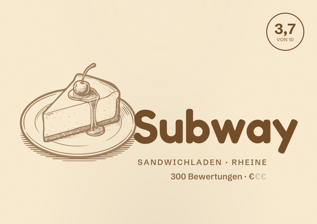 Illustriertes Poster von Subway, Sandwichladen in Rheine: Bewertung 3,7 von 10 aus 300 Bewertungen, Preisniveau €