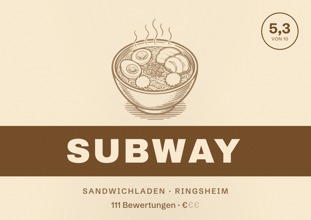 Illustriertes Poster von Subway, Sandwichladen in Ringsheim: Bewertung 5,3 von 10 aus 111 Bewertungen, Preisniveau €