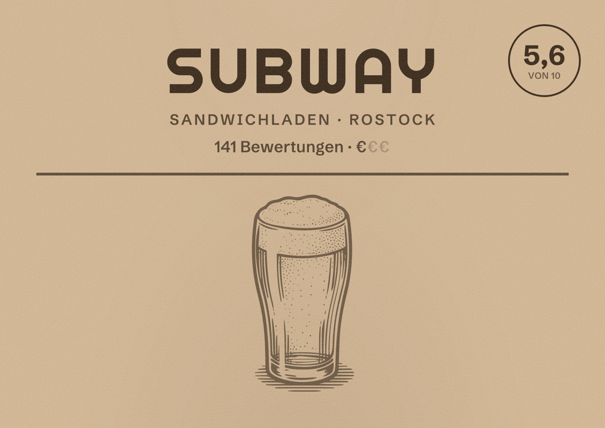 Illustriertes Poster von Subway, Sandwichladen in Rostock: Bewertung 5,6 von 10 aus 141 Bewertungen, Preisniveau €