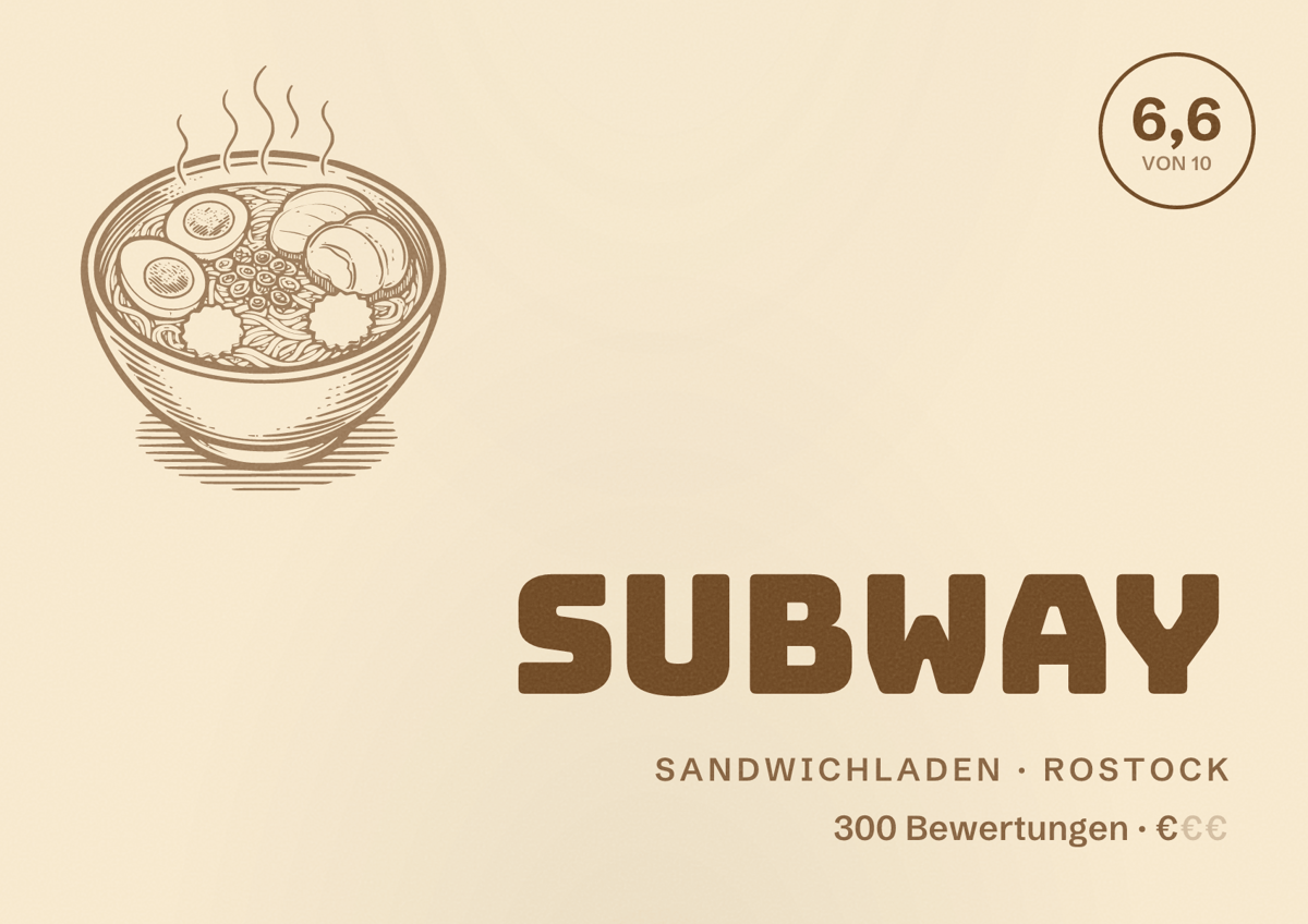 Illustriertes Poster von Subway, Sandwichladen in Rostock: Bewertung 6,6 von 10 aus 300 Bewertungen, Preisniveau €
